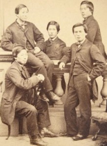 The Choshu Five in London, with Masaru Inoue at center (Public domain photo via Wikimedia Commons)