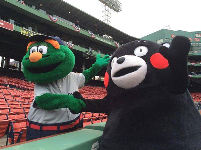 Kumamon meets Boston Red Sox's Wally the Green Monster at Fenway Park